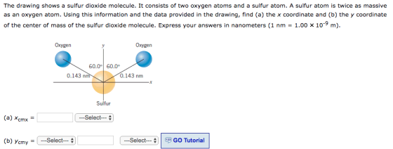 The drawing shows a sulfur dioxide molecu le. It consists of two oxygen atoms and a sulfur atom. A sulfur atom is twice as ma