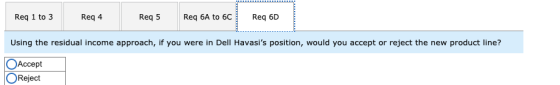 Req 1 to 3 Req 4 Req 5 Req 6A to 6C Req 6D Using the residual income approach, if you were in Dell Havasis position, would y
