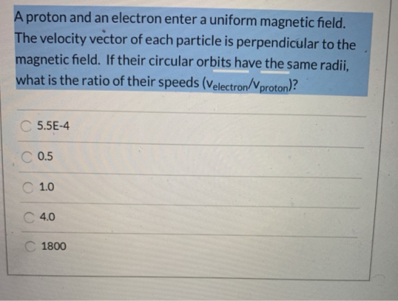 A proton and an electron enter a uniform magnetic field. The velocity vector of each particle is perpendicular to the magneti