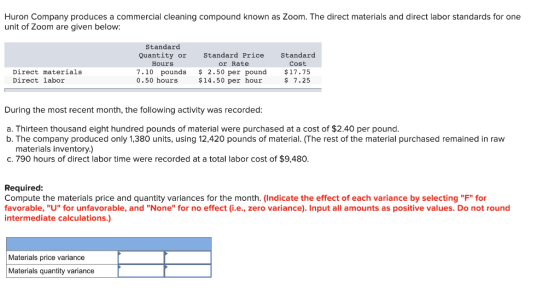 Huron Company produces a commercial cleaning compound known as Zoom. The direct materials and direct labor standards for one