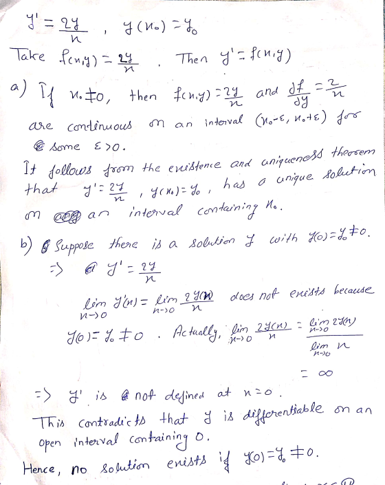 y =24 и Take feny) = 24 И a) If no to, И ИС dy m an interval E>0, y= 24 y (No) =% has a unique solution 1 у om an It follow