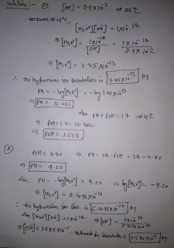 Solutions - 0 we know, at 25°C [on] = 2.9X163 at 25% [Mis of Lohi] = 1 45 19 = [130) = 3.45 81013 Tu hydromima ion Cremation