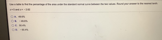 Use a table to find the percentage of the area under the standard normal curve between the two values. Round your answer to t