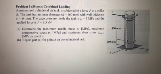 P B Problem 3 (30 pts): Combined Loading A pressurized cylindrical air tank is subjected to a force Pat a collar B. The tank