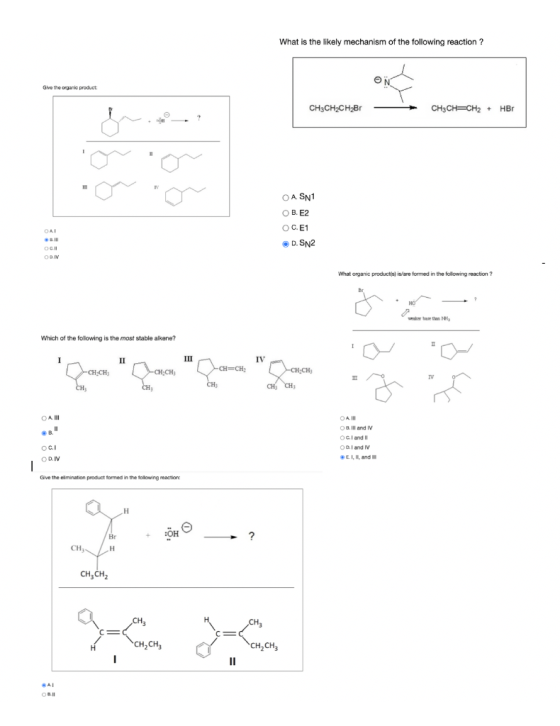 What is the likely mechanism of the following reaction ? ON Give the organic product: CH3CH2CH2Br CH3CH=CH2 + HBO B 18 OA SN1