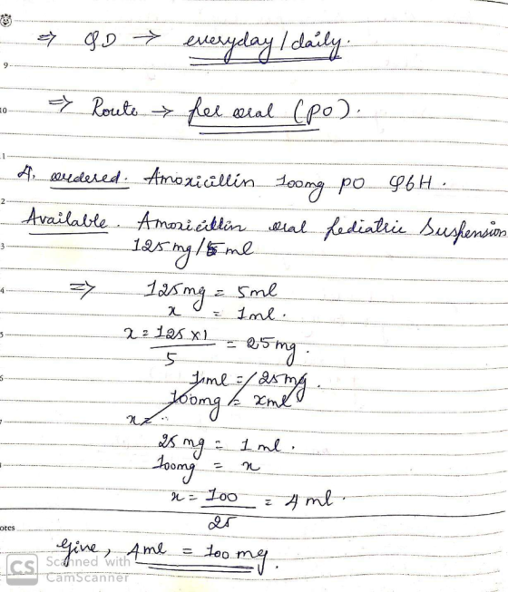 y 8.D → everyday / daily. fel deal (po). = > Route - A - 3 4 udered. Amoricillin toomg po 96H__ Available. Amoxicillin bal fe