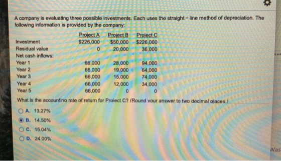 A company is evaluating three possible investments. Each uses the straight – line method of depreciation. The following infor
