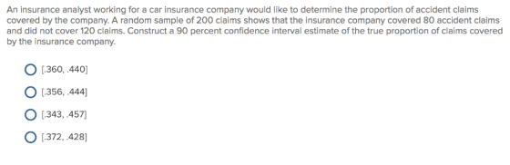 An insurance analyst working for a car insurance company would like to determine the proportion of accident claims covered by
