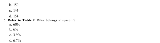 b. 150 c. 144 d. 154 5. Refer to Table 2. What belongs in space E? a. 60% b. 6% c. 3.9%