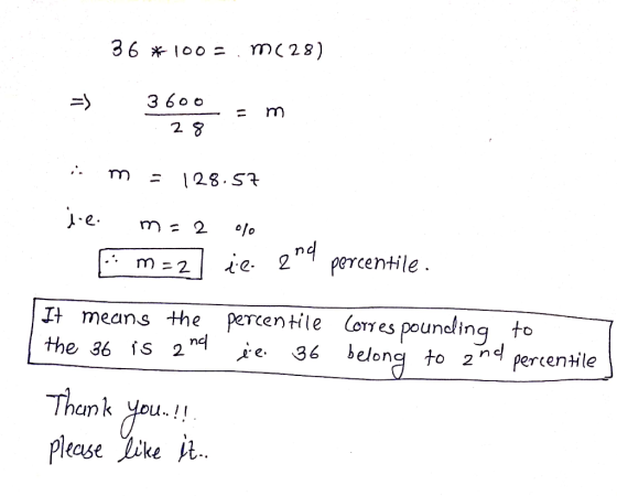 36 *100= m(28) =) 3600 am is m = 128.57 je m=2 % m=2) il 2nd percentile. It means the percentile corres pounding to the 36 is
