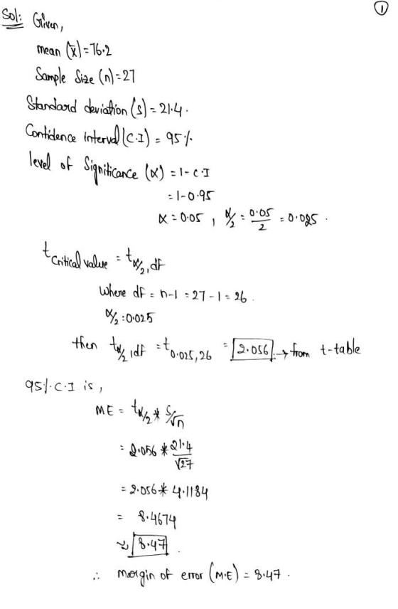 Soli Given, mean (X) = 16.2 Sample Size (n) = 27 Standard deviation (s) = 21.4. Contidence interud -) - 95% level of Sigritic