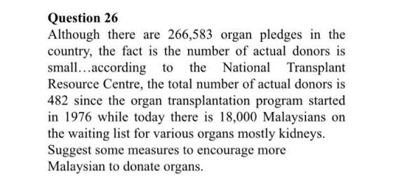 Question 26 Although there are 266,583 organ pledges in the country, the fact is the number of actual donors is small..accord