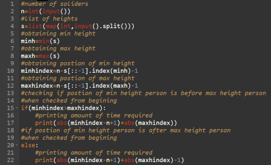 #number of soliders 2 n=int(input()) 3 #List of heights 4 s=list(map(int, input().split())) 5 #obtaining min height 6 minh=mi