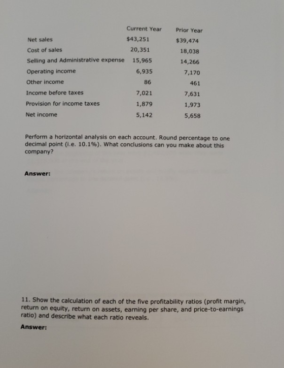 Current Year Net sales $43,251 Cost of sales 20,351 Selling and Administrative expense 15,965 Operating income 6,935 Other in