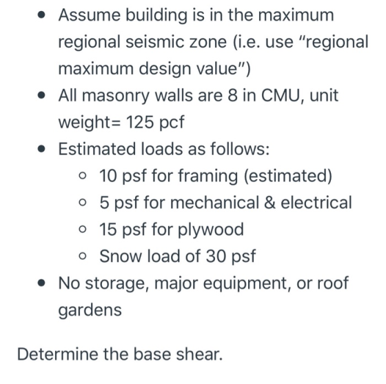 • Assume building is in the maximum regional seismic zone (i.e. use regional maximum design value) • All masonry walls are