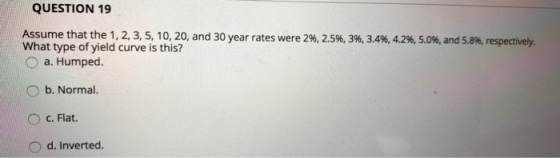 QUESTION 19 Assume that the 1, 2, 3, 5, 10, 20, and 30 year rates were 2%, 2.5%, 3%, 3.4%, 4.2%, 5.0%, and 5.8%, respectively