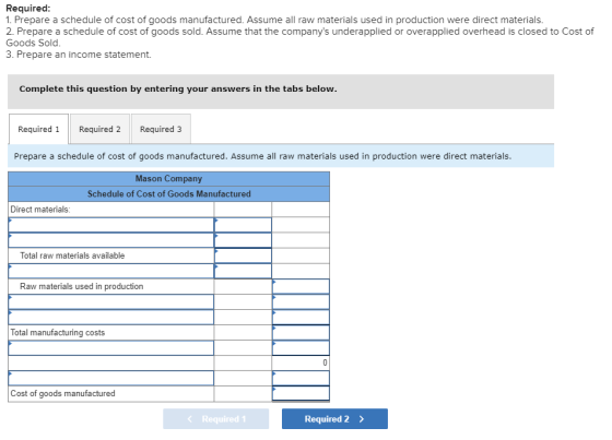 Required: 1. Prepare a schedule of cost of goods manufactured. Assume all raw materials used in production were direct materi