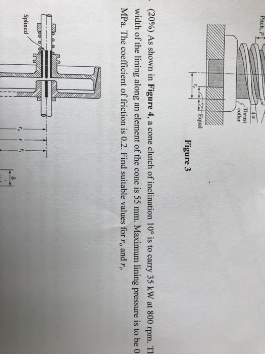 Pitch, P Thrust collar Equal Figure 3 (20%) As shown in Figure 4, a cone clutch of inclination 10° is to carry 35 kW at 800 rpm. Th width of the lining along an element of the cone is 55 mm. Maximum lining pressure is to be 0 MPa. The coefficient of friction is 0.2. Find suitable values for ro and ri Splined