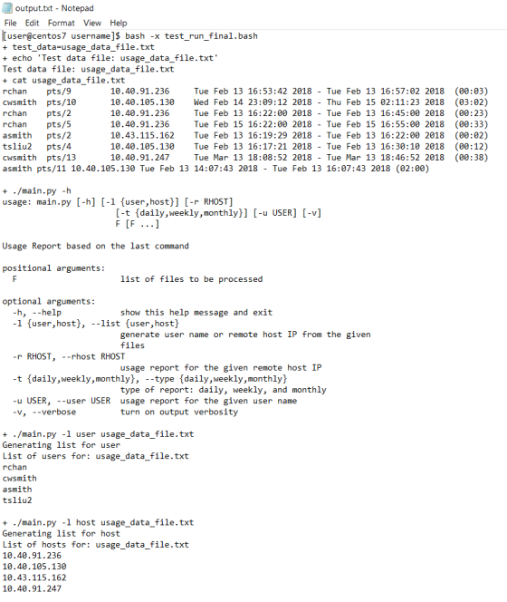 output.txt - Notepad File Edit Format View Help [user@centos7 username ] $ bash -x test_run_final.bash + test_data-usage_data