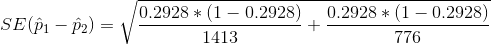 SE(\hat{p}_1-\hat{p}_2)=\sqrt{\frac{0.2928*(1-0.2928)}{1413}+\frac{0.2928*(1-0.2928)}{776}}