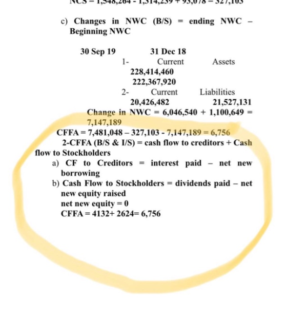 NCS = 1,548,264 - 1,314,239 + 93,078 = 327,105 c) Changes in NWC (B/S) = ending NWC - Beginning NWC 31 Dec 18 1- Current Asse
