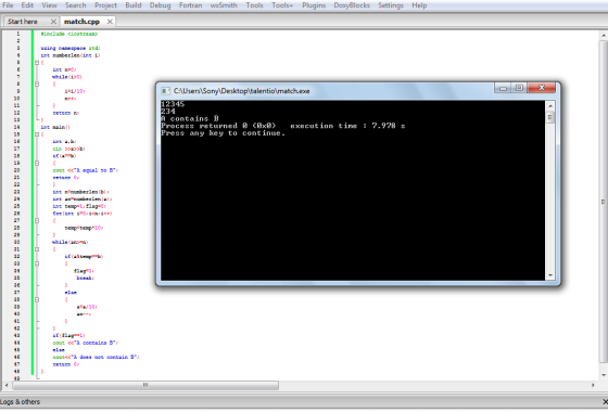 File Edit View Search Project Build Debug Fortran wxSmith Tools Tools+ Plugins DoxyBlocks Settings Help Start here x match.cp