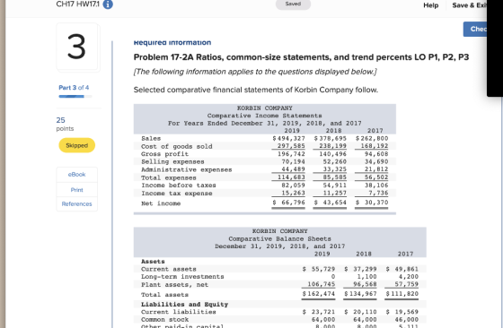 CH17 HW171 i Saved Help Save & Exi Chec Requirea information Problem 17-2A Ratios, common-size statements, and trend percents