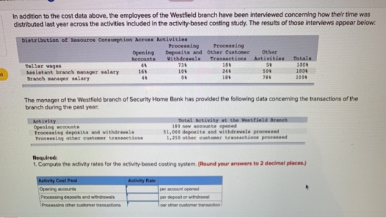 In addition to the cost data above, the employees of the Westfield branch have been interviewed concerning how their time was