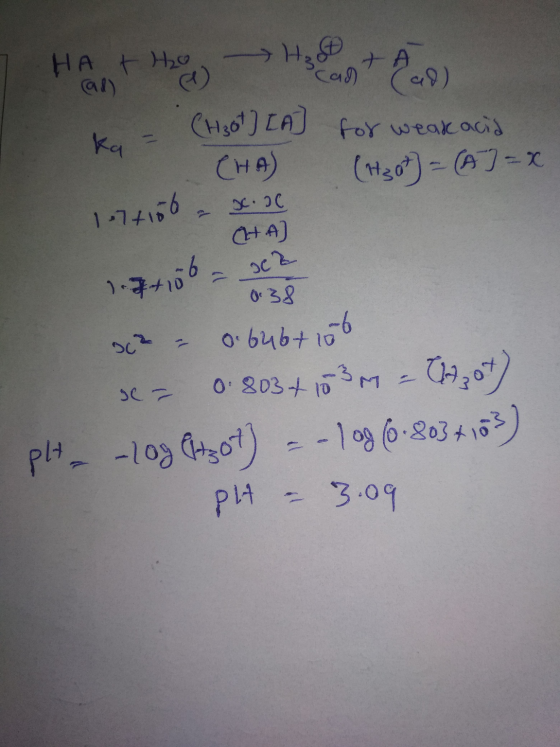 HAt the Hosted - CH3ot] [A] for weak acid CHA (H307) - (A] = x ka 174100 a 0.00 (HHA) 1.7+ 106 - och 0:38 oc2 - 0.646+166 se