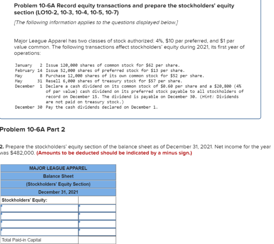 Problem 10-6A Record equity transactions and prepare the stockholders equity section (LO10-2,10-3, 10-4,10-5,10-7) [The foll