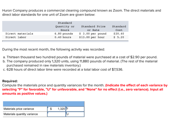 Huron Company produces a commercial cleaning compound known as Zoom. The direct materials and direct labor standards for one