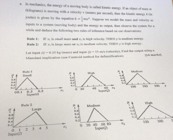 a In mechanics, the energy of a moving body is called kinetic energy. If an object of mass (kilograms) is moving with a velocity v (meters per second), then the kinetic energy k( joules) is given by the equation ke we model the mass and inputs to a system (moving body) and the energy as output, then obnerve the system for while and deduce the following two rules of inference based on our observations Rule 1: IF x is small maxs and x2 is high velocity, THEN y is medium energy Rule 2: IF x1 is large mass or x2 İs medium velocity, THEN y is high energy. Let input (d) -0.35kg (mass) and input )-55 m/s (velocity), Find the output using Mamdani implication (use Centroid method for defuzzification) 114 marks Rule I Small High 0 20 40 60 00.1 0.3 0.3 Input) Inputta) High Rule 2 A Medium 0.8 0.4 100 300S x2 0 20 40 60 80 0 12 345 Inputco Input)