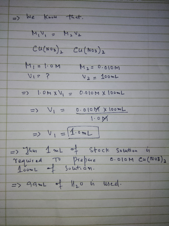 => We know that. MY, Ma Vz Ca(NO3)2 Ca(NO3)2 M=1.0M M 2= 0.010m VE? N2 = 100ml => 1.0M XV, = 0.010 M X 100ML =) Vi = 0.010 mA