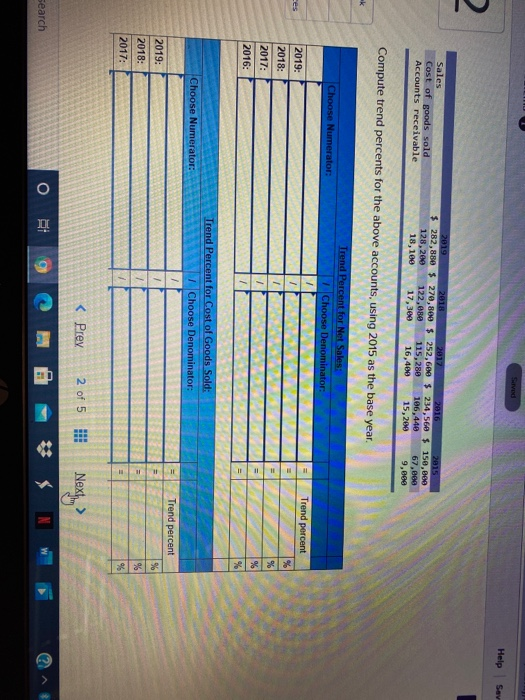 Sarved Help Sav 2 Sales Cost of goods sold Accounts receivable 2019 2013 2017 2016 2015 $ 282,880 $ 270,800 $ 252,6ee $ 234,5