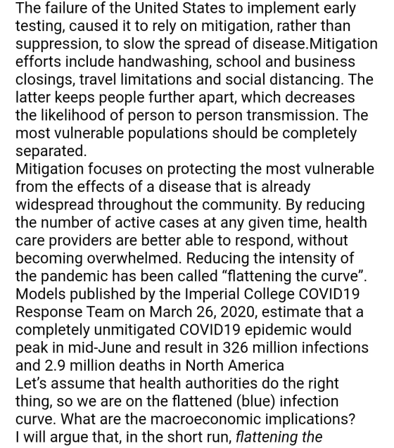 The failure of the United States to implement early testing, caused it to rely on mitigation, rather than suppression, to slo