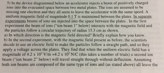 5) In the device diagrammed below an accelerator injects a beam of positively charged ions into the evacuated space between t