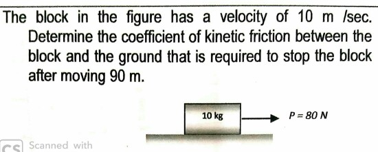The block in the figure has a velocity of 10 m/sec. Determine the coefficient of kinetic friction between the block and the g