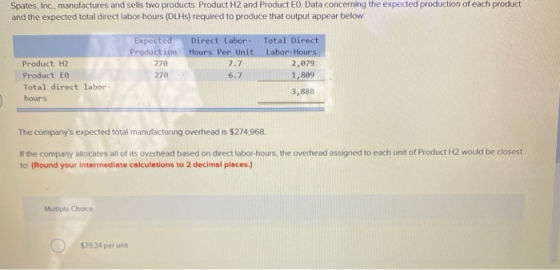 Spates, Inc., manufactures and sells two products Product H2 and Product Eo Data concerning the expected production of each p