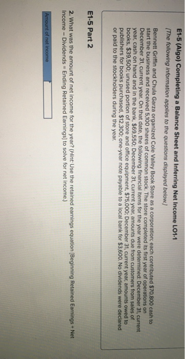 E1-5 (Algo) Completing a Balance Sheet and Inferring Net Income L01-1 [The following information applies to the questions dis
