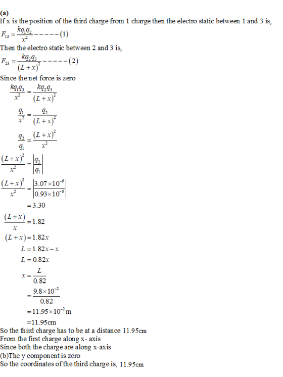 Ifx is theposition of the third charge from 1 charge then the electro static between 1 and 3 is, 12 13= (1) Then the electro static between 2 and 3 is, F23-A(2) Since the net force is zero kgga L+x l3 x*(L+x) l3 g1 x (L+x) 12 L+x) 3.07x10-5 0.93×10-6 = 3.30 L+x 1.82 (L+x)1.82x L = 1.82x-x L = 0.82x 0.82 9.8x10-2 0.82 11.95×10-2 m =11.95cm So the third charge has to be at a distance 11.95cm From the first charge along x- axis Since both the charge are along x-axis (b)The y component is zero So the coordinates of the third charge is, 11.95cm