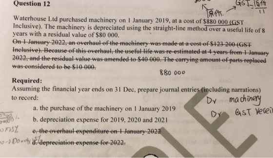 Question 12 G11414 Waterhouse Ltd purchased machinery on 1 January 2019, at a cost of $880 000 (GST Inclusive). The machinery