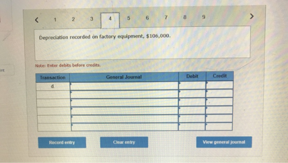 < 1 2 3 4 5 6 7 Depreciation recorded on factory equipment, $106,000. Note: Enter debits before credits. Transaction General