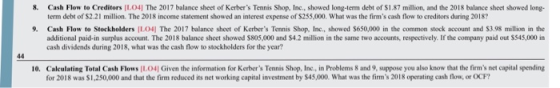 8. Cash Flow te Creditors [LO4] The 2017 balance sheet of Kerbers Tennis Shop, Inc., showed long-term debt of $1.87 million, and the 2018 balance sheet showed long- term debt of $2.21 million. The 2018 income statement showed an interest expense of $255,000. What was the firms cash flow to creditors during 20187 9. Cash Flow to Stockholders IL041 The 2017 balance sheet of Kerbers Tennis Shop, Inc.,, showed $650,000 in the common stock account and $3.98 million in the additional paid-in surplus account. The 2018 balance sheet showed $805,000 and $4.2 million in the same two accounts, respectively. If the company paid out $545,000 in cash dividends during 2018, what was the cash flow to stockholders for the year? 10. Calculating Total Cash Flows LO4 Given the information for Kerbers Tennis Shop, Inc., in Problems 8 and 9, suppose you also know that the firms net capital spending as $1,250,000 and that the firm, reduced its net working capital investment by S45,000 what was the firms 2018 operating cash flow, or oa ? for 2018