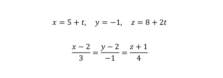 x = 5 +t, y = -1, z = 8 + 2t x - 2_y - 22+1 -1 4 3
