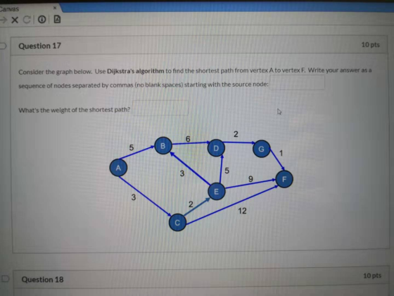 Canvas 10 pts Question 17 Consider the graph below. Use Dijkstras algorithm to find the shortest path from vertex A to verte