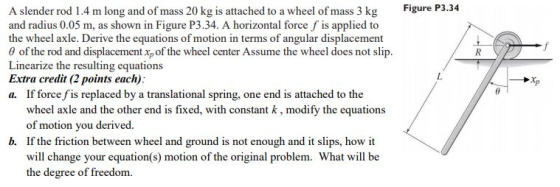 Figure P3.34 A slender rod 1.4 m long and of mass 20 kg is attached to a wheel of mass 3 kg and radius 0.05 m, as shown in Fi