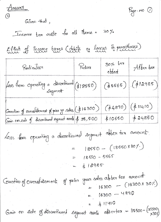 Aroct NO Given that , Income taz vrate fa all items 30 %. Ef fect of fncoms taxes (debik o kaes in parenthescs) Pretar Perlic