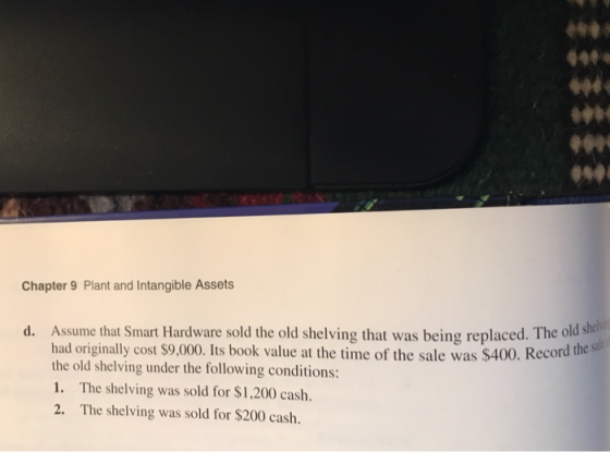 Chapter 9 Plant and Intangible Assets d. Assume that Smart Hardware sold the old shelving that was being replaced. The old sh had originally cost $9,000. Its book value at the time of the sale was $400. Rec the old shelving under the following conditions: 1. The shelving was sold for $1,200 cash. 2. The shelving was sold for $200 cash.