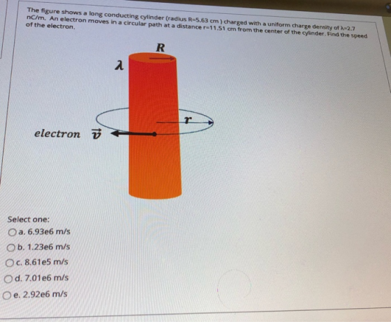 The figure shows a long conducting cylinder (radius R-5.63 cm) charged with a uniform charge density of -2.7 nC/m. An electro