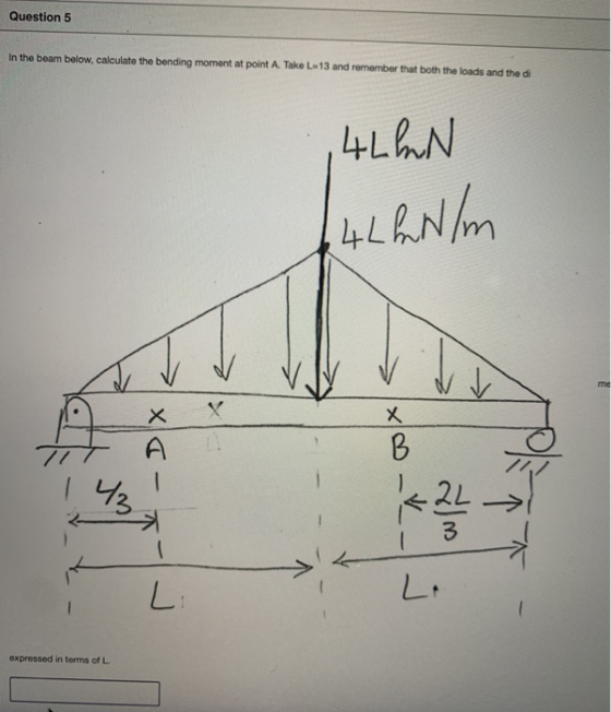 Question 5 In the beam below, calculate the bending moment at point A. Take L-13 and remember that both the loads and the di